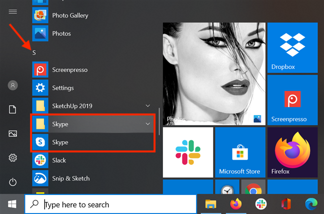 The Skype shortcut and folder in the Start Menu