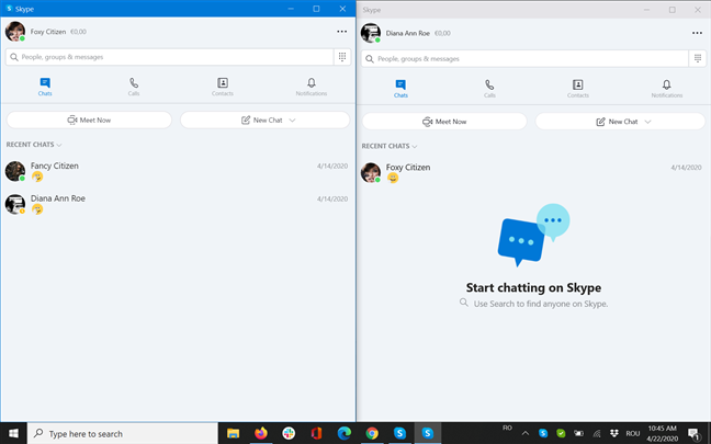 Split your screen between the two different Skype apps in Windows 10