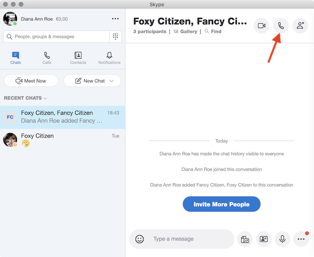 Initiate an Audio Call with the people in your Skype group