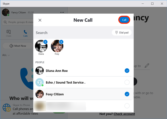 Select the people you want in your conference and press Call