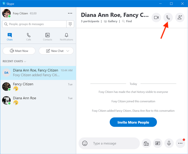 Starting an Audio Call with your Skype group