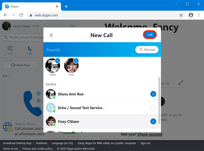 Add contacts and Call using Skype for Web