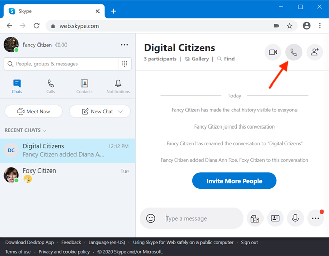 Starting an Audio Call with your Skype group