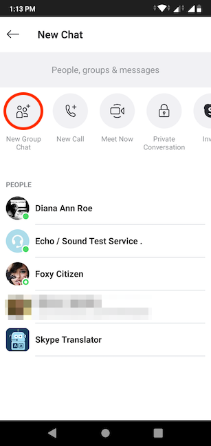 Choosing to create a New Group Chat in Skype for Android