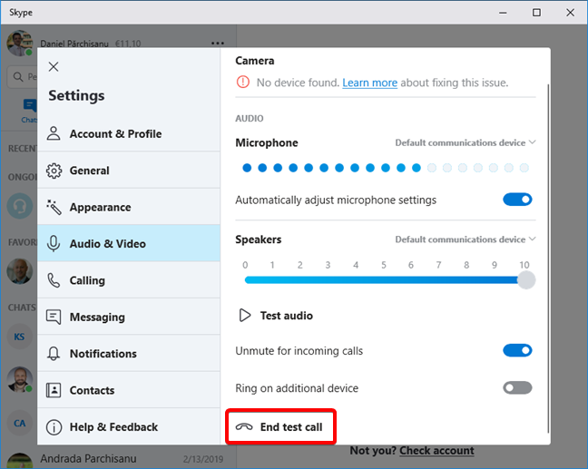 End the test call in Skype for Windows 10