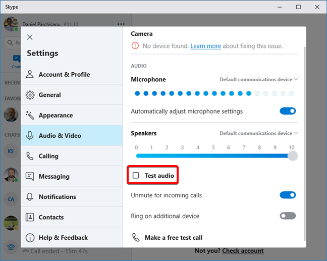 Stop testing the speakers in Skype