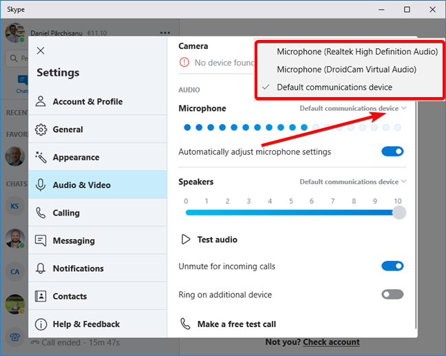 Change the microphone device for Skype