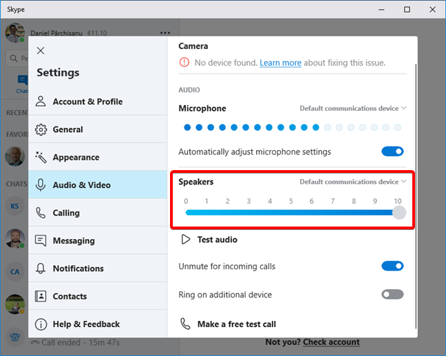 The Speakers settings in Skype