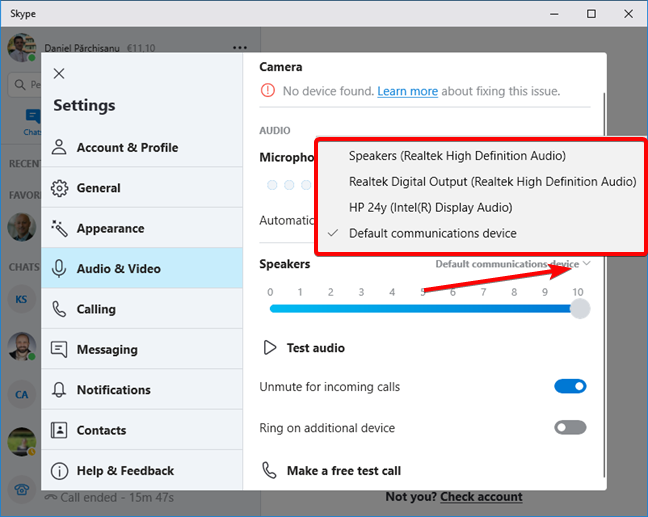 Choosing the device for speakers in Skype