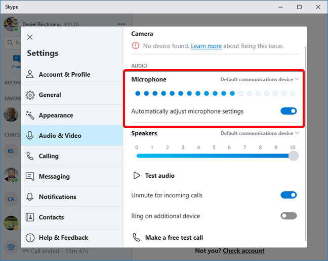 Microphone section in Skype settings
