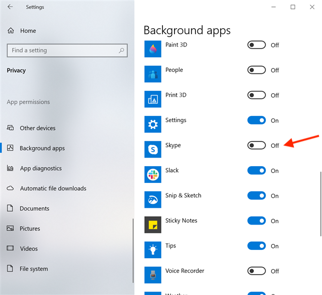 Turn the switch next to Skype off