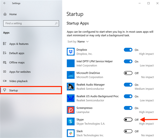 Turn off the switch to disable Skype on startup