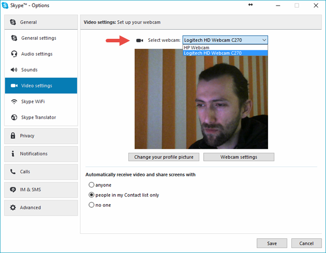 Skype, video, settings, webcam