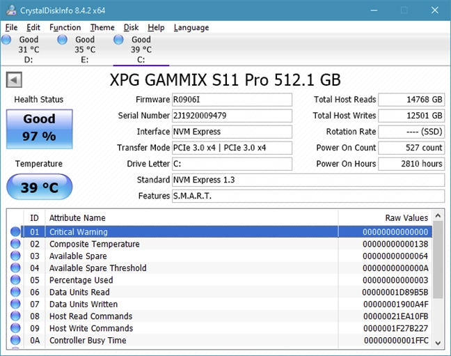 CrystalDiskInfo shows detailed information about a drive using SMART