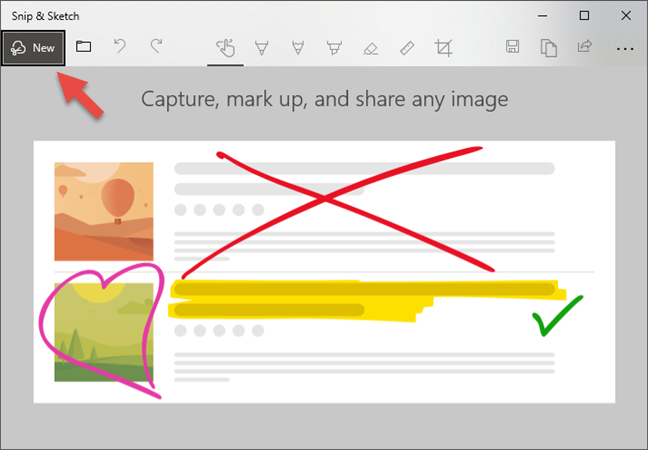 The New button in Snip &amp; Sketch