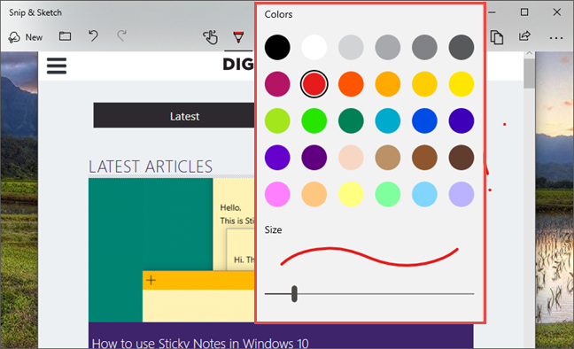 Snip &amp; Sketch: The color and the size of the pen