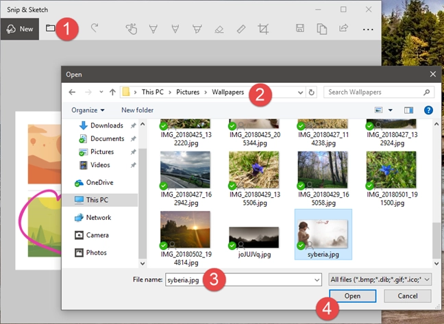 The Open button in Snip &amp; Sketch