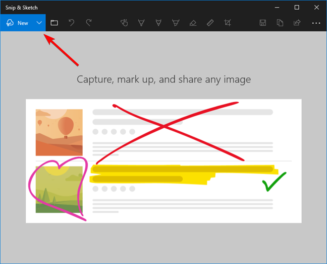 The New button for taking screenshots with Snip &amp; Sketch