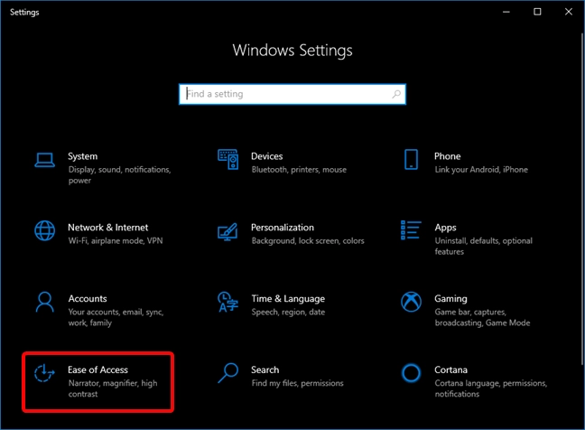 Open Ease of Access in Windows 10 Settings