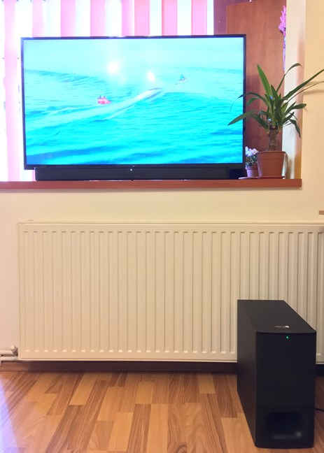 The Sony HT-S350 soundbar mounted on a TV