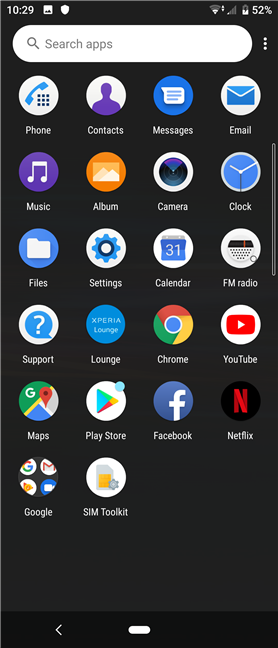 The apps drawer on the Sony Xperia 10
