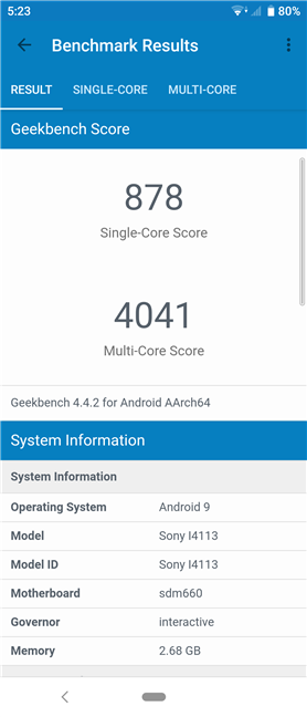 Sony Xperia 10: Benchmark results in Geekbench 4