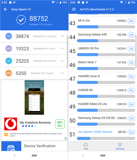 Sony Xperia 10: Benchmark results in AnTuTu