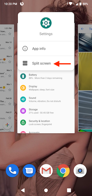 Tap on an app's icon and press Split screen