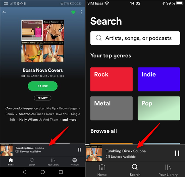Playing a song in Spotify for Android and iPhone