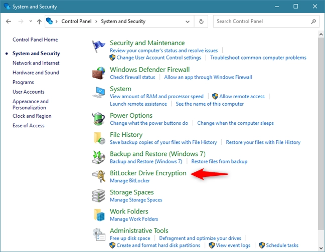 Access BitLocker Drive Encryption from Control Panel