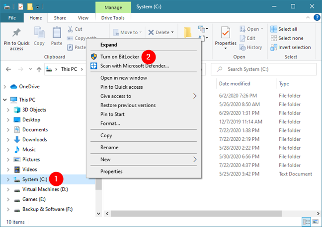 The Turn On BitLocker option from a drive's right-click menu in Windows 10