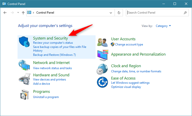 The System and Security category of settings from the Control Panel