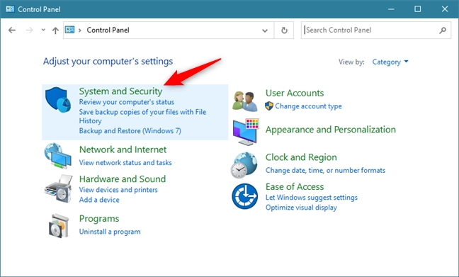 The System and Security category of settings from the Control Panel