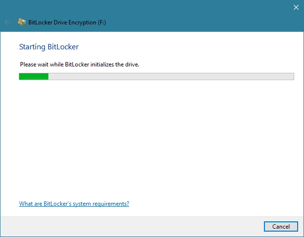 The BitLocker Drive Encryption wizard in Windows 10