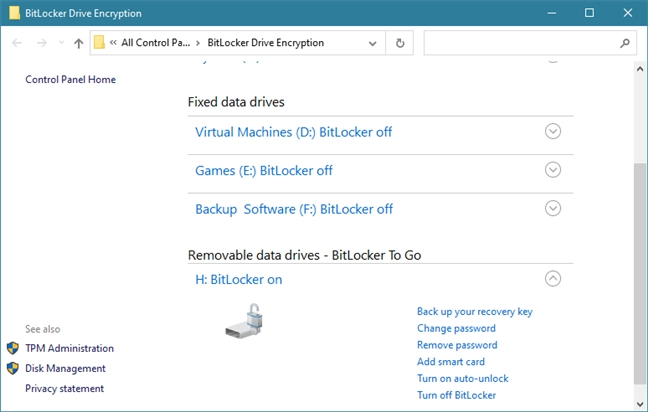 The BitLocker Drive Encryption section from the Control Panel