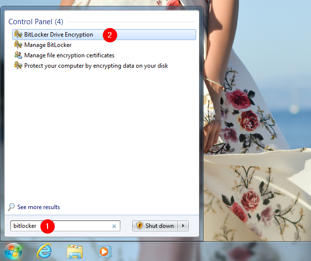 Searching for BitLocker in Windows 7