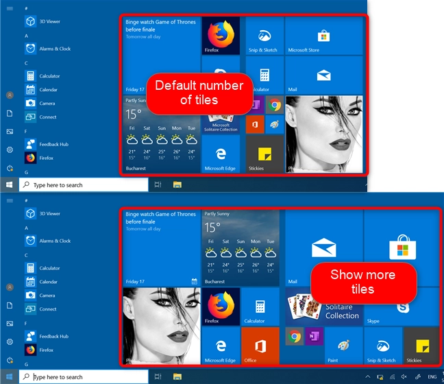 Windows 10 Start Menu with the default tiles and more tiles