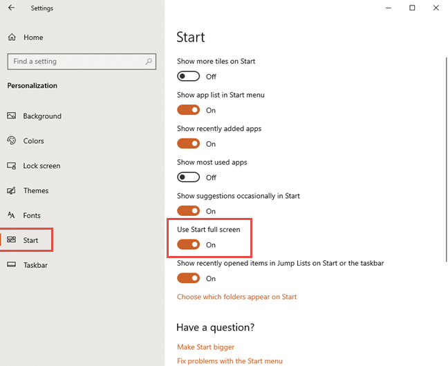 Start Menu settings in Windows 10