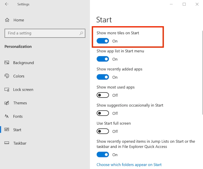 Turn on the switch to Show more tiles on Start