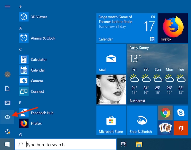 Access Settings from the Windows 10 Start Menu