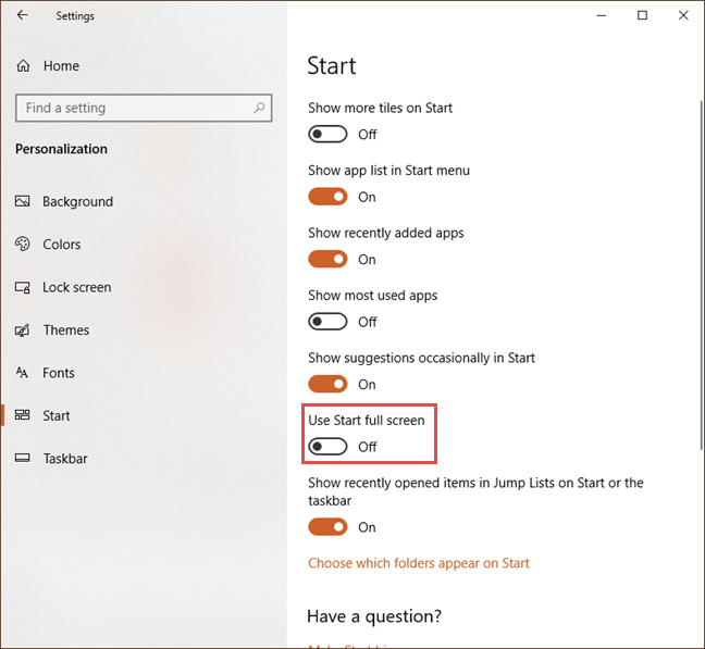 Start Menu settings in Windows 10