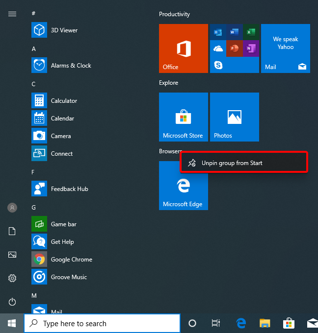 Unpin group from Start in Windows 10 May 2019 Update