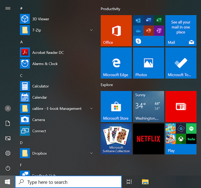 The look of the default Start Menu in Windows 10