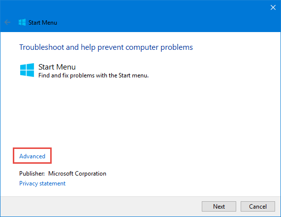 Windows 10, Start Menu, Troubleshooter