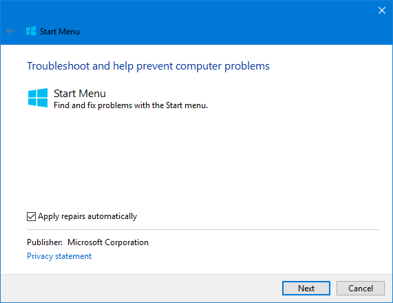 Windows 10, Start Menu, Troubleshooter