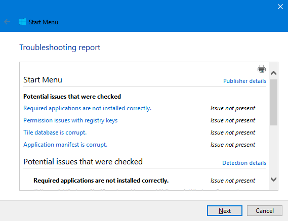 Windows 10, Start Menu, Troubleshooter