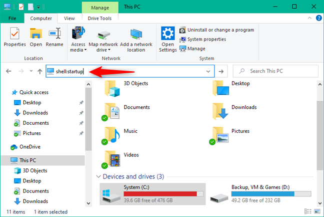 Going to shell:startup in File Explorer
