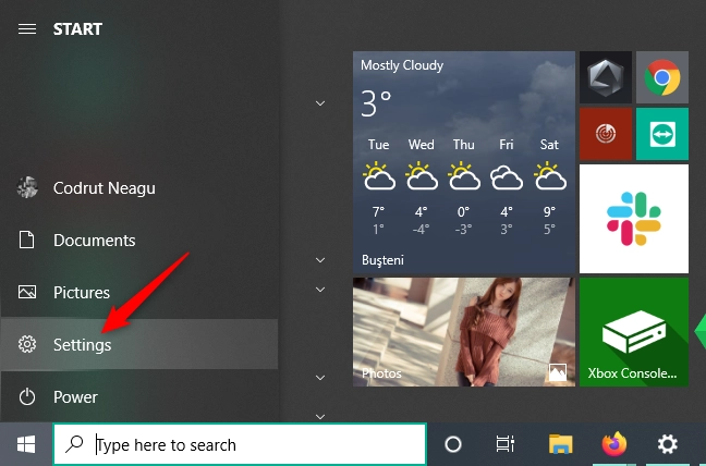 The Settings button from the Start Menu