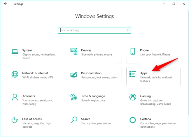 The Apps category from Windows 10 Settings