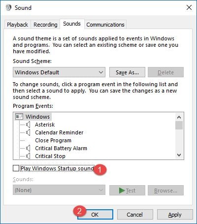 Windows, startup, sound, disable, turn off